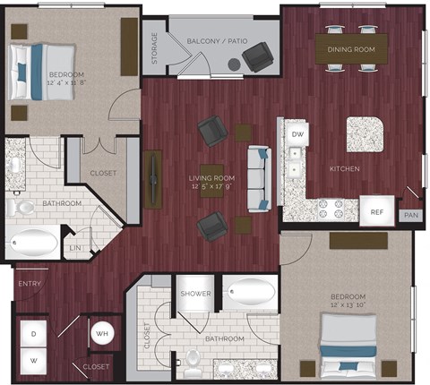 Floor plan for 2 beds, 2 baths, 1259 sqft